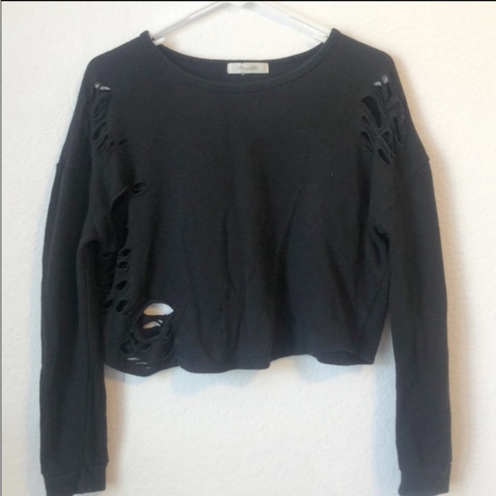 WOMENS SWEATSHIRT CROPPED BLACK RIPS DISTRESSED GOTH Y2K SMALL